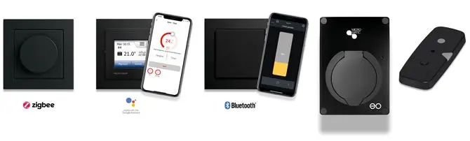 Bilde av dimmer, Wi-Fi-termostat med app, astrodimmer med app, ladestasjon og komfyrvaktsensor i svart farge.
