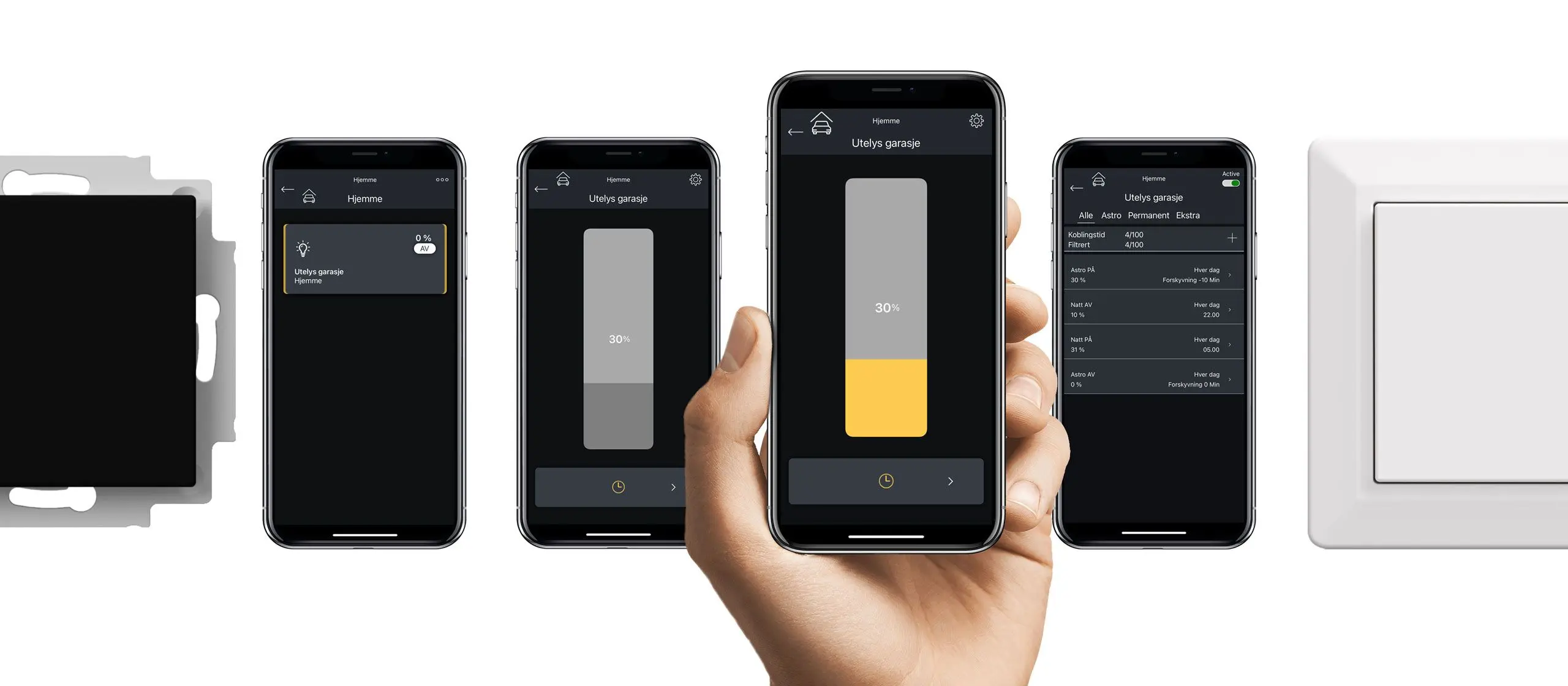 Astrodimmer uten ramme i svart matt, smarttelefon med appen Mi.Control med 4 forskjellige skjermbilder og hvit astrodimmer med ramme.