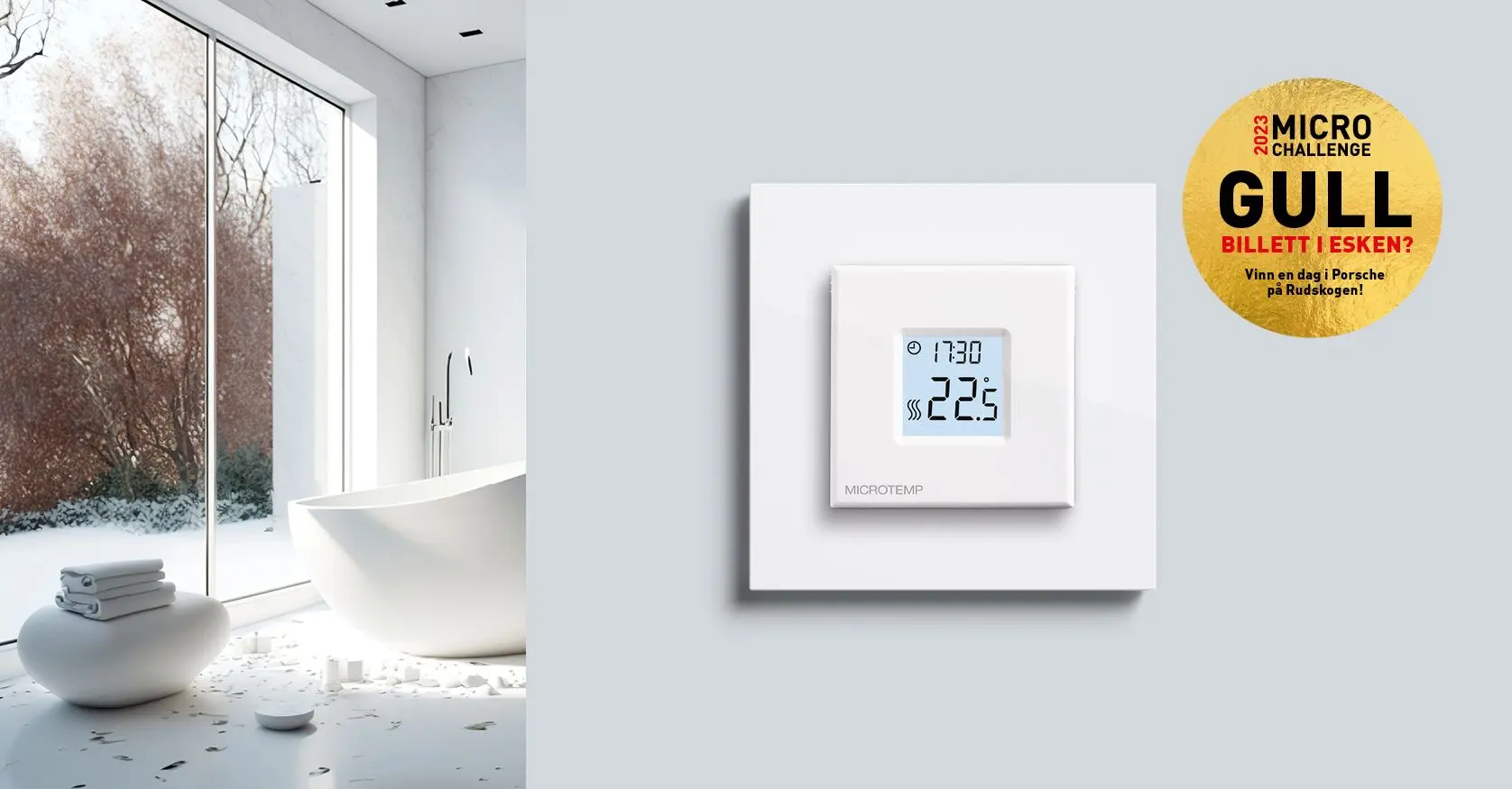 Microtemp termostat i hvit matt farge, på lys vegg med et baderom i bakgrunnen